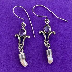 💛 Vintage Sterling Silver Amethyst Pearl Drop Earrings | Statement Jewelry
